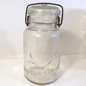 Vintage Drey Improved Ever Seal Clear Glass Canning Jar w/ Lid Wire Bail Quart